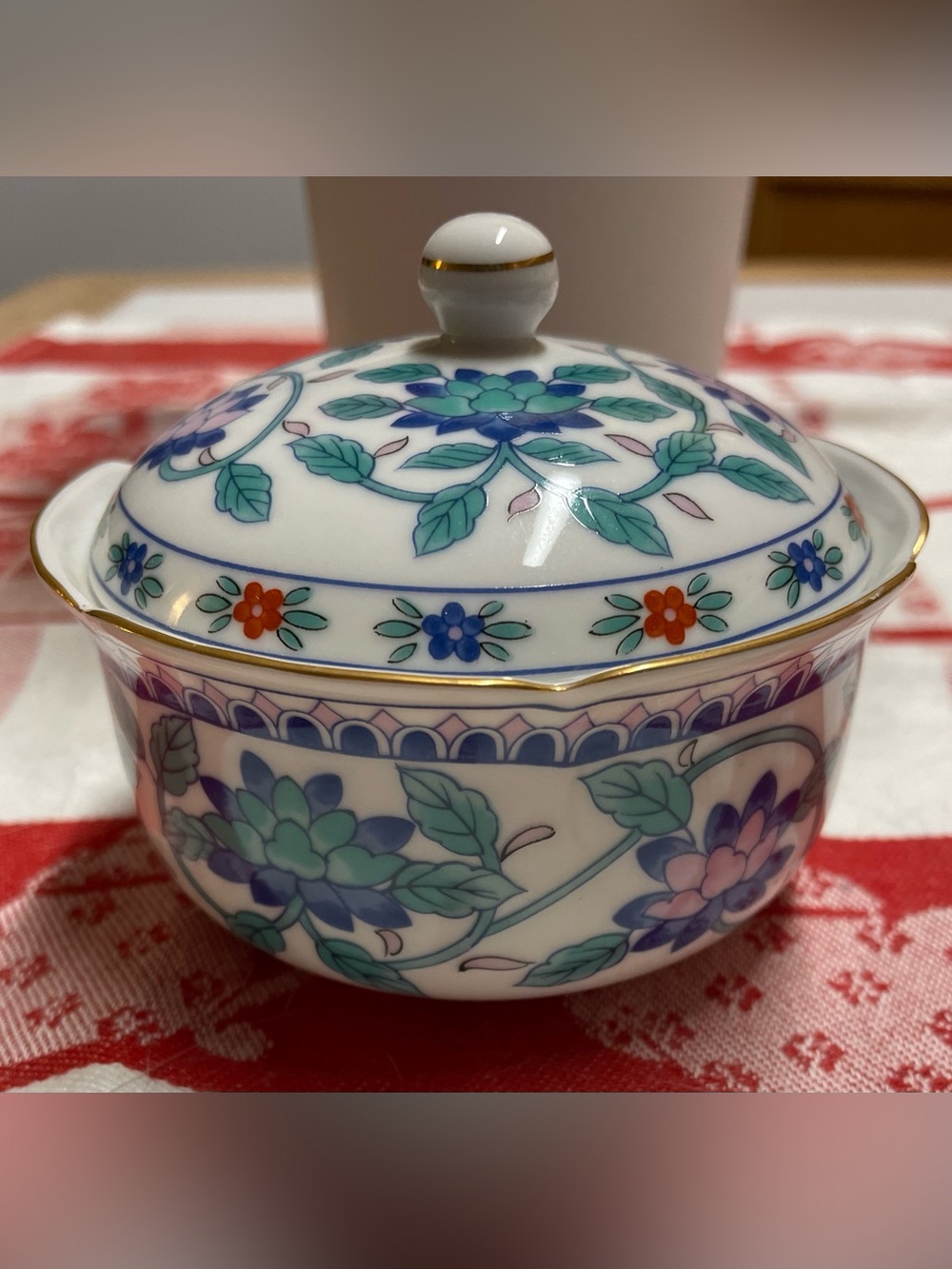 Not Rated Floral Porcelain Covered trinket Bowl in White, Green, Blue, Purple